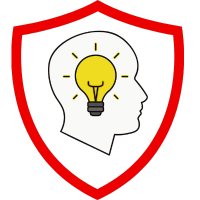 Logo mit einem Kopf-Symbol und einer Glühbirne, die eine Idee darstellt, umgeben von einem roten Schild.