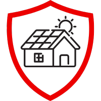 Grafik eines Hauses mit Solarpanelen, umgeben von einem roten Schild.