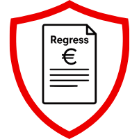 Symbol für Regressversicherung mit einem Dokument und Euro-Symbol in einem roten Schild.