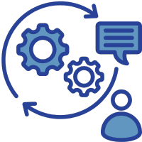 Grafik mit Zahnrädern und einer Sprechblase, die den Beratungsprozess in der Versicherungsbranche darstellt.