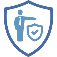 Symbol eines Versicherungsmaklers, der auf ein Schild mit einem Häkchen zeigt, in einem blauen Schildrahmen.