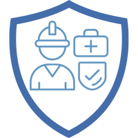 Symbol eines Schutzschildes mit einem Arbeiter und medizinischem Koffer, der eine betriebliche Krankenversicherung darstellt.