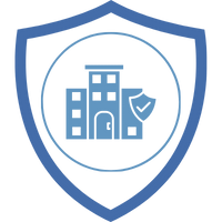 Logo einer Versicherung mit einem Schild und einem stilisierten Gebäude in der Mitte.