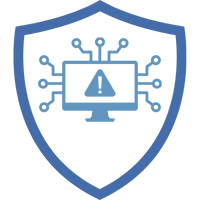 Blaues Schild mit einem Computer und Netzwerk-Symbolen, das Cyberversicherung darstellt.