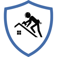 Logo eines Dachdeckers, das einen Handwerker zeigt, der auf einem Dach arbeitet, umgeben von einem blauen Schild.