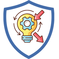 Grafik eines Glühbirnen-Symbols mit Zahnrädern, umgeben von einem blauen Schild.