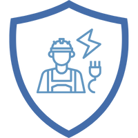 Symbol eines Elektrikers in einem blauen Schild, dargestellt mit Werkzeug und Sicherheitshelm.