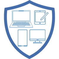 Symbol für Elektronikversicherung mit verschiedenen Geräten wie Laptop, Tablet und Smartphone in einem Schild-Design.
