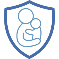 Symbol eines Elternteils, das ein Kind in einem blauen Schild hält, das Sicherheit und Schutz darstellt.