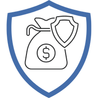 Symbol eines Geldsacks in einem blauen Schild, das Sicherheit und Schutz darstellt.