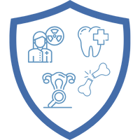 Ein blauer Schild mit Symbolen für verschiedene medizinische Fachrichtungen, darunter ein Stethoskop und eine Hantel.