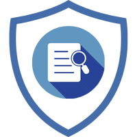 Symbol eines Schildes mit einem Dokument und einer Lupe, das für Versicherungsdienstleistungen steht.