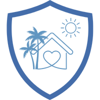 Ein einfaches, blaues Schild mit einem stilisierten Haus, Sonnenstrahlen und einem Herzsymbol.