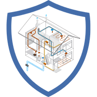 Grafische Darstellung der Gebäudetechnik mit verschiedenen Rohrleitungen und Systemen in einem Haus.