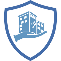 Symbol eines Gebäudes innerhalb eines blauen Schildes, das für Gewerbeimmobilienversicherung steht.