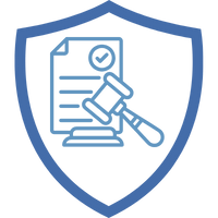 Symbol für Gewerberechtsschutzversicherung mit einem Dokument und einem Hammer in einem blauen Schild.