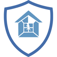 Symbol eines Hauses innerhalb eines blauen Schildes, das Schutz und Sicherheit darstellt.