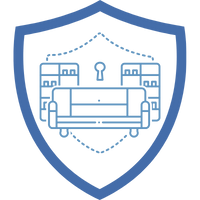 Blaues Schild mit einem stilisierten Schutzsymbol, das eine Sicherheit darstellt.