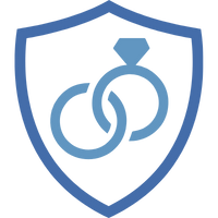 Blaues Schild mit zwei Ringen und einem Verlobungsring, symbolisiert Ehe und Versicherung.