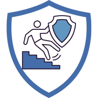 Symbol eines Mannes, der eine Treppe hinuntersteigt und ein Schild hält, um Schutz zu symbolisieren.