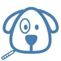 Grafik eines Hundes mit einem freundlichen Gesicht und einem Halsband, in einem minimalistischen blauen Design.