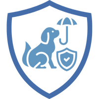 Logo einer Hundeversicherung mit einem Hund, der einen Regenschirm und ein Schild hält.