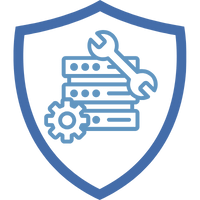 Blaues Schild mit einem Symbol, das eine Versicherung darstellt, inklusive einer Grafik von Dokumenten und einem Schloss.