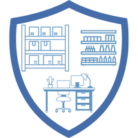 Symbol eines Schutzschildes mit Büroelementen, darunter ein Schreibtisch, ein Computer und Akten.