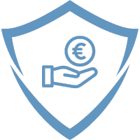 Symbol eines Schildes mit einer Hand, die eine Münze mit Euro-Symbol hält, repräsentiert Versicherungsschutz.