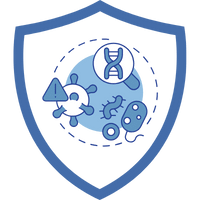 Grafik eines blauen Schildes mit Symbolen für Krankheiten, DNA und Mikroben im Inneren.