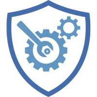 Symbol für Maschinenbruchversicherung mit Zahnrad und Schlüssel in einem blauen Schild.