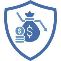 Blaues Schild mit einem Geldsack und einer Person, die eine Hand hebt, symbolisiert finanzielle Sicherheit.