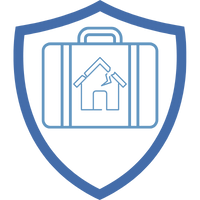 Symbol eines Schutzschildes mit einem Haus und einer Kamera, das Mietnomadenversicherung darstellt.