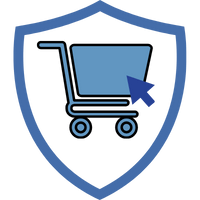 Symbol eines Einkaufswagens mit einem Cursor in einem blauen Schild, das Onlinehandel darstellt.