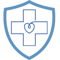 Blaues Schild mit einem Kreuz und einem Herzsymbol in der Mitte, das für Gesundheit und Versicherung steht.