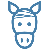 Grafik eines stilisierten Pferdekopfes mit einfachen Linien und Formen in blauer Farbe.