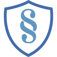 Blaues Schild mit einem stilisierten Paragraphen-Symbol in der Mitte, das rechtliche Aspekte darstellt.