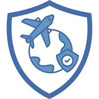 Symbol eines Reisepass mit einem Flugzeug und einer Weltkugel in einem blauen Schild.