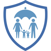 Symbol eines Schutzschildes mit einer Familie unter einem Regenschirm, dargestellt in blauer Farbe.