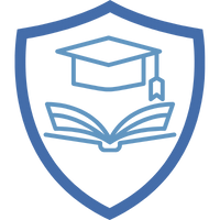 Symbol eines Wappens mit einem Buch und einem Abschluss-Hut, das Bildung darstellt.