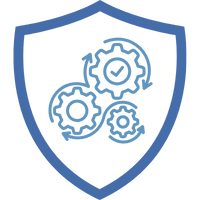 Blaues Schildsymbol mit stilisierten Molekülen, das Schutz und Sicherheit darstellt.