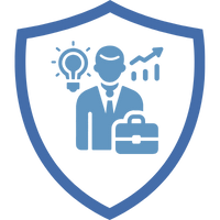 Symbol eines Unternehmers in einem blauen Schild mit Grafiken für Wachstum und Sicherheit.