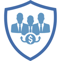 Blaues Schild mit stilisierten Figuren, die eine Gruppe von Menschen darstellen, symbolisierend für Gemeinschaft und Schutz.