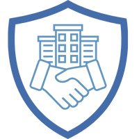 Logo eines Versicherungsmaklers mit einem Handschlag in einem Schild-Design.