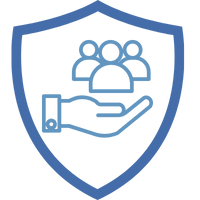 Symbol eines Schutzschildes mit einer Hand, die eine Gruppe von Personen darstellt, für Versicherungsmakler.