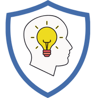 Grafik eines Kopfes mit einer Glühbirne, die eine Idee symbolisiert, umgeben von einem blauen Schild.