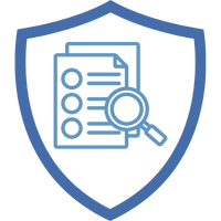 Symbol eines Schutzschildes mit einem Dokument und einer Lupe, das Vertragsdetails darstellt.