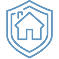 Blaues Symbol eines Hauses innerhalb eines Schildes, das Wohngebäudeversicherung darstellt.