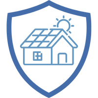 Symbol eines Hauses mit Solarpanelen und einer Sonne, umgeben von einem blauen Schild.