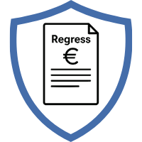 Symbol einer Regressversicherung mit einem Dokument und Euro-Symbol in einem Schild-Design.